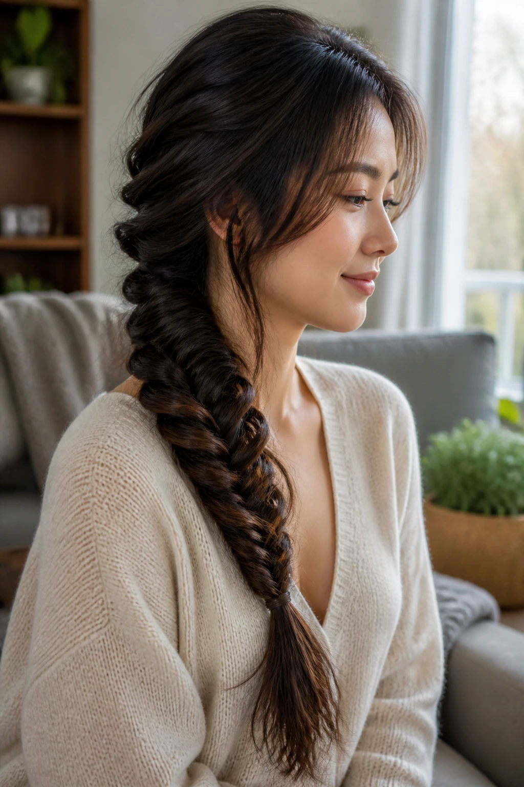 Profile view of a woman with a loose side fishtail braid