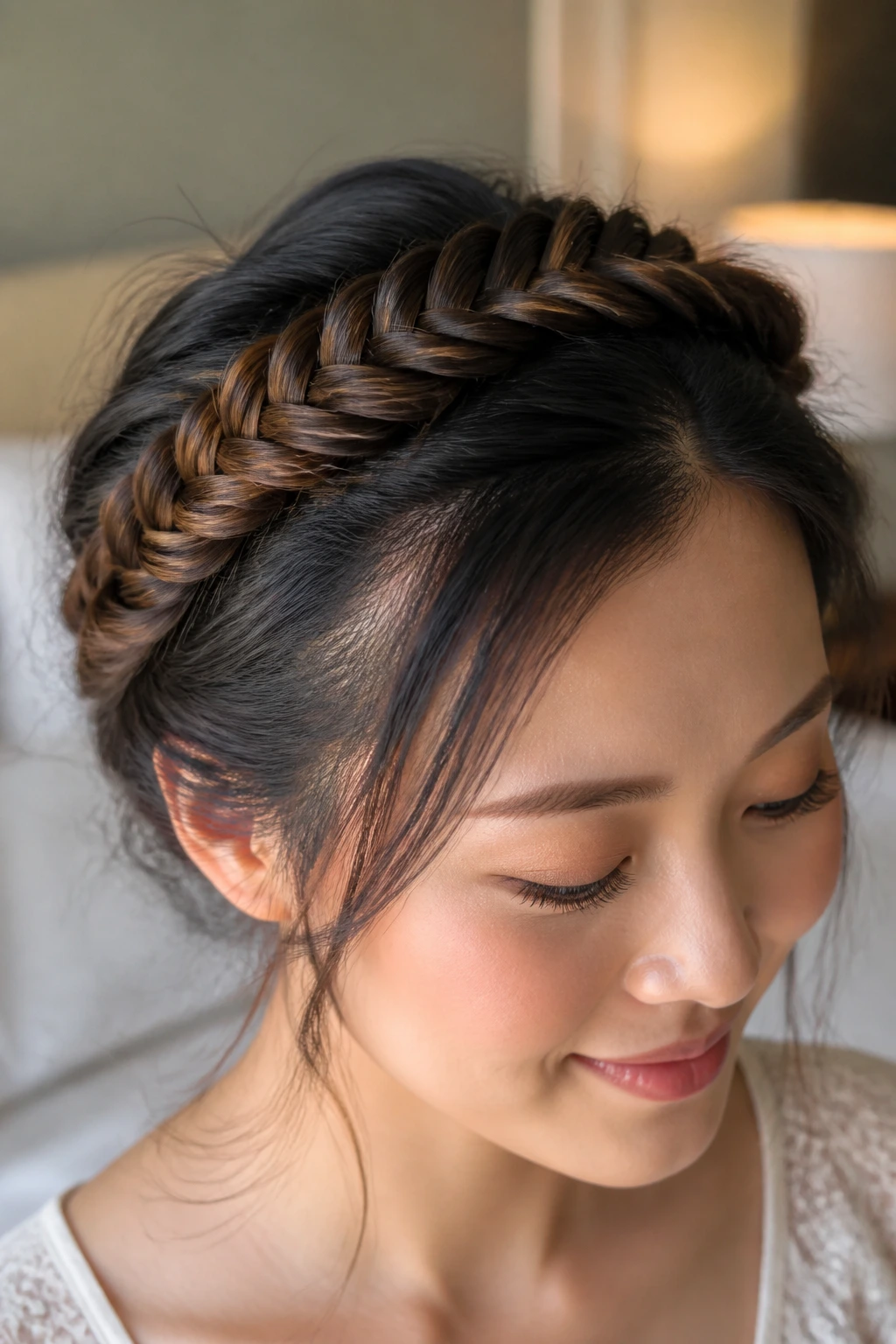 Close-up of a real woman wearing a fishtail crown braid around her head