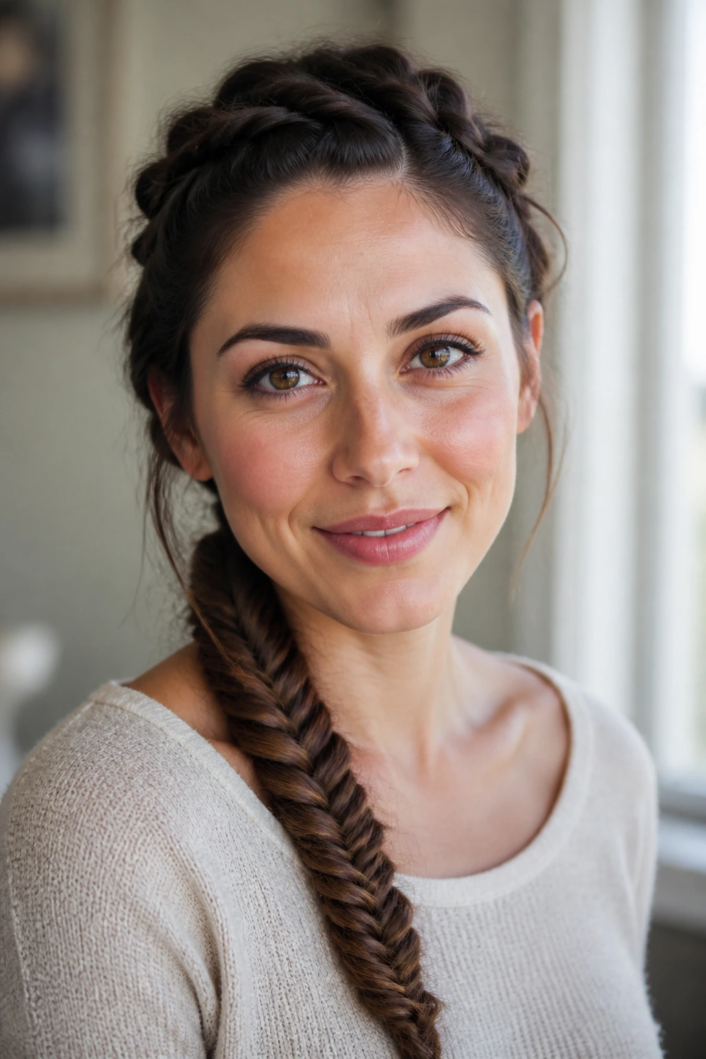 Close-up of inverted crown braid transitioning into a fishtail braid on a real woman's neck