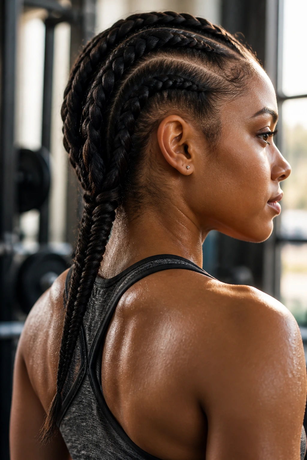 Close-up of a real woman with multi-directional fishtail braid at the nape in gym
