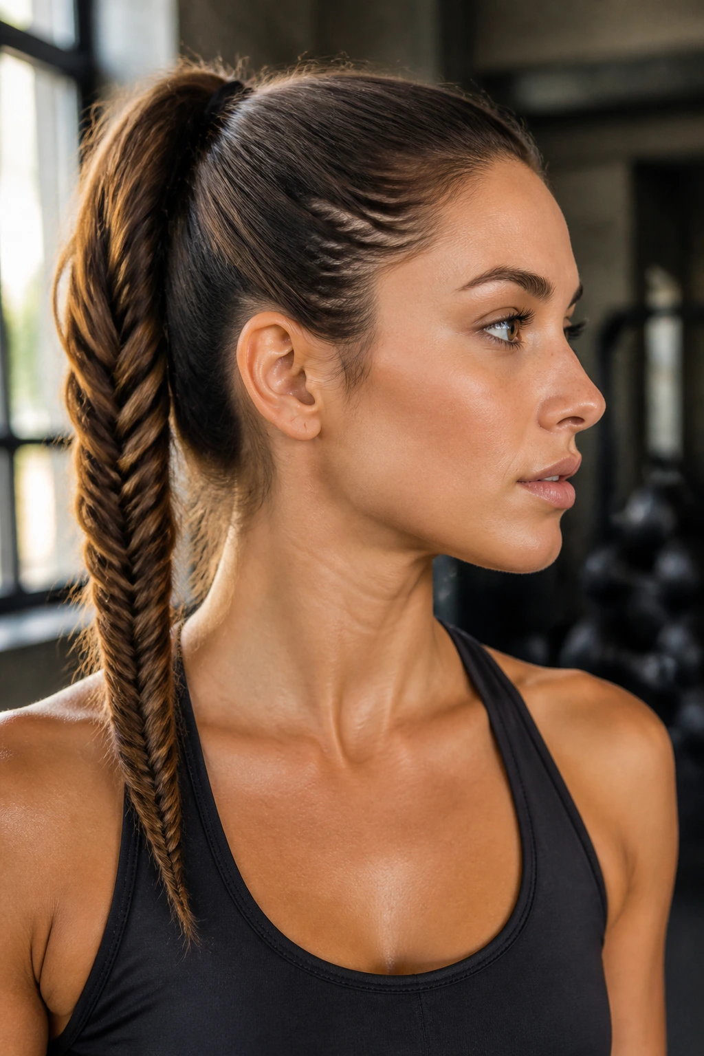 Real woman with fishtail braided ponytail for workouts