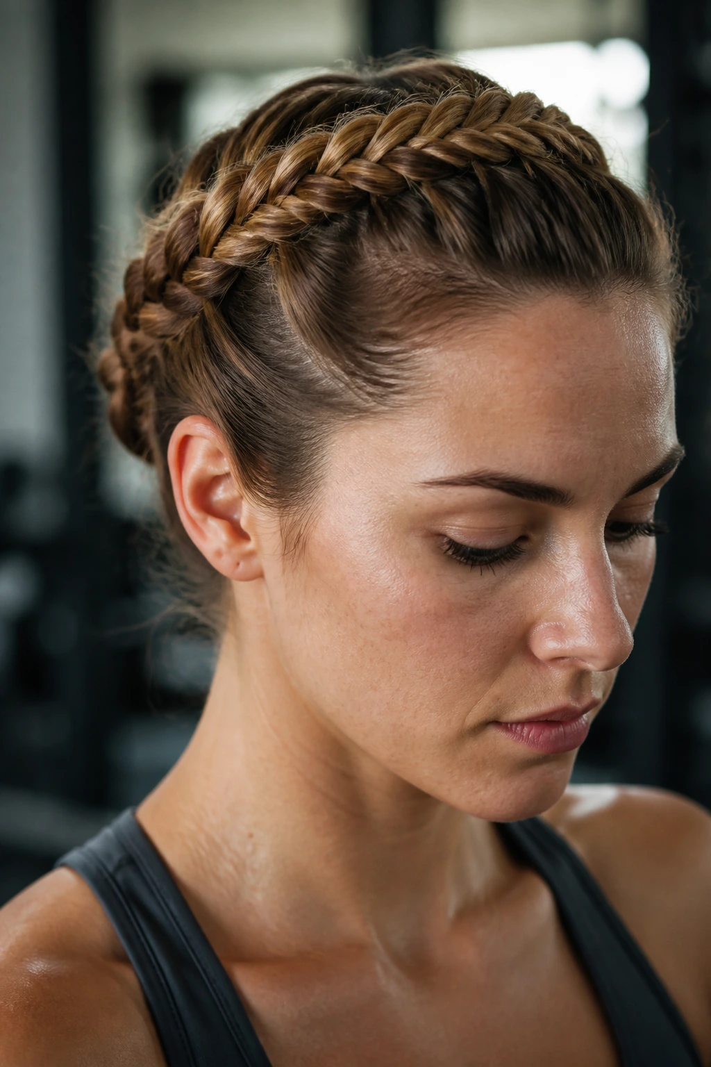 Close-up of a woman with a wrapped fishtail braid hairstyle