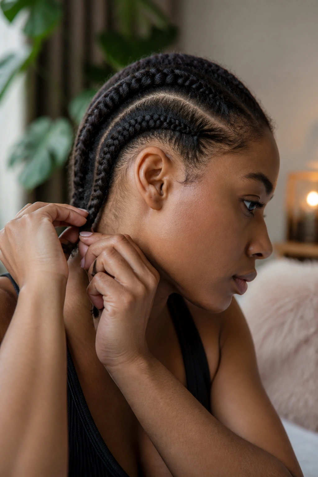 Side profile of a real person braiding natural hair flat at the nape and temples for a secure wig install