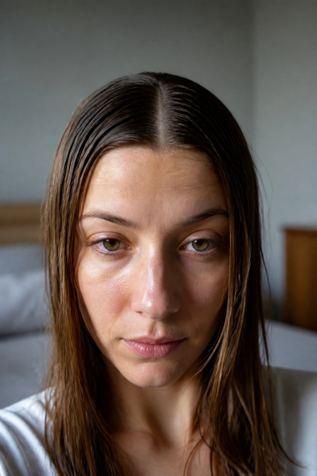 Portrait of a person with ultra-flat, slicked-down hair and center part