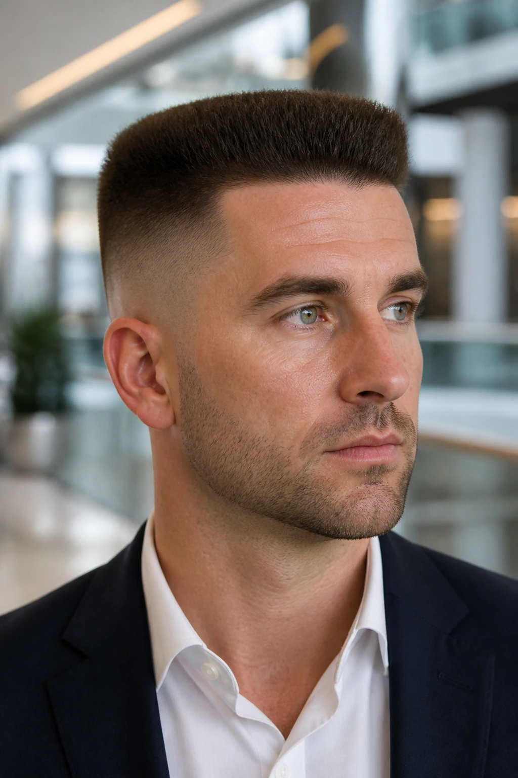 Close-up portrait of a man with a subtle flat top hairstyle