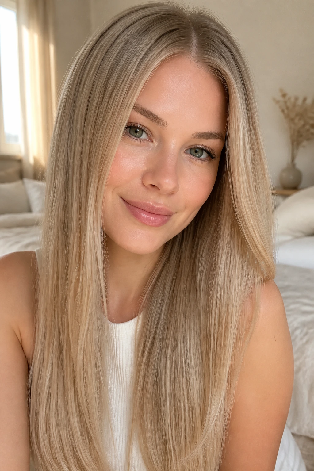 Close-up portrait of a real woman with Flaxen Neutral straight hair in a sunlit bedroom