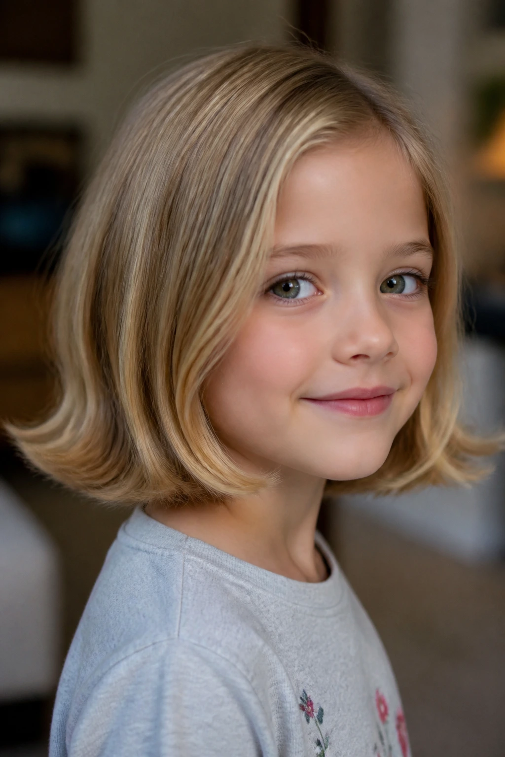Close-up of a real child with flipped-out bob ends in a cozy home