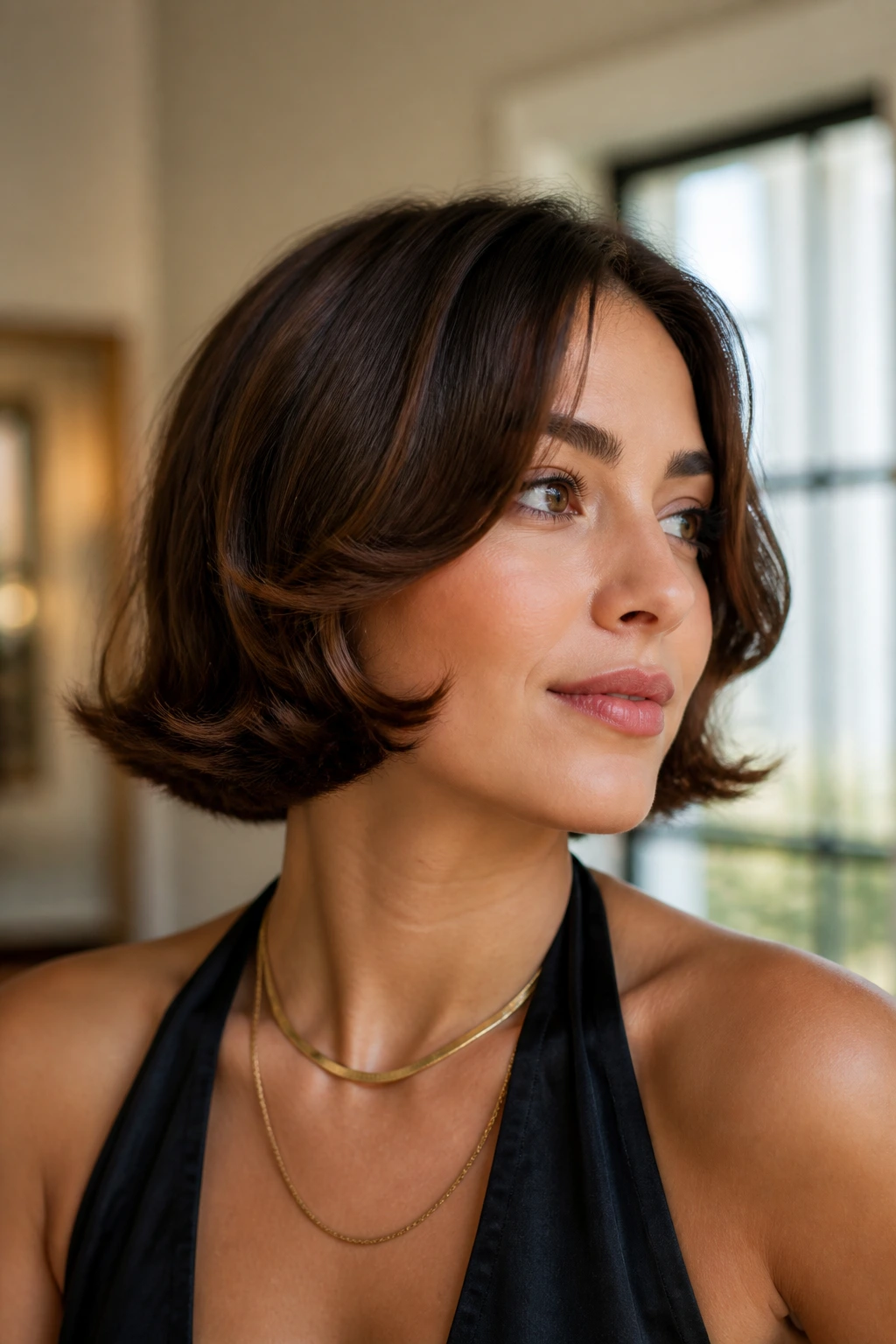 Close-up of a real person with a flipped-in bob hairstyle