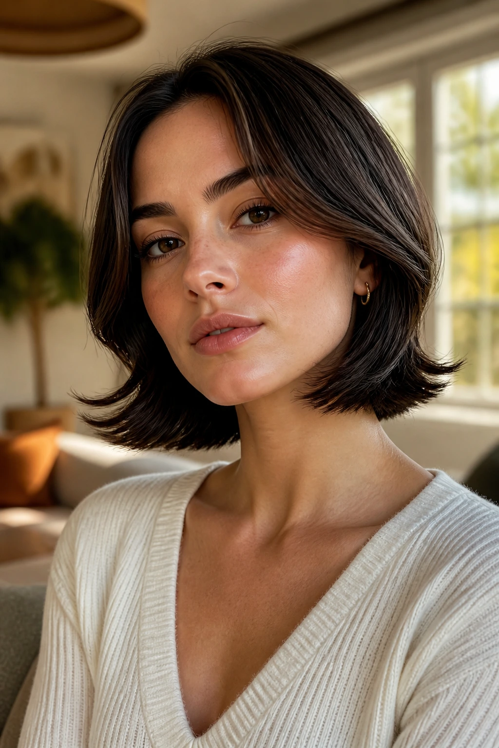 Real woman with flipped-out ends hairstyle on lob or bob.