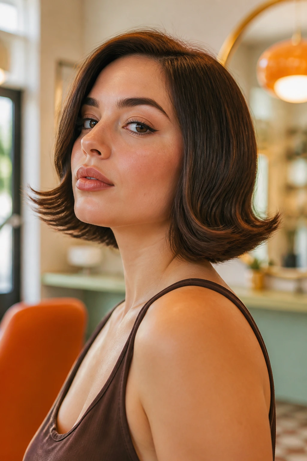 Close-up portrait of a real person with flipped-out ends on an asymmetrical bob