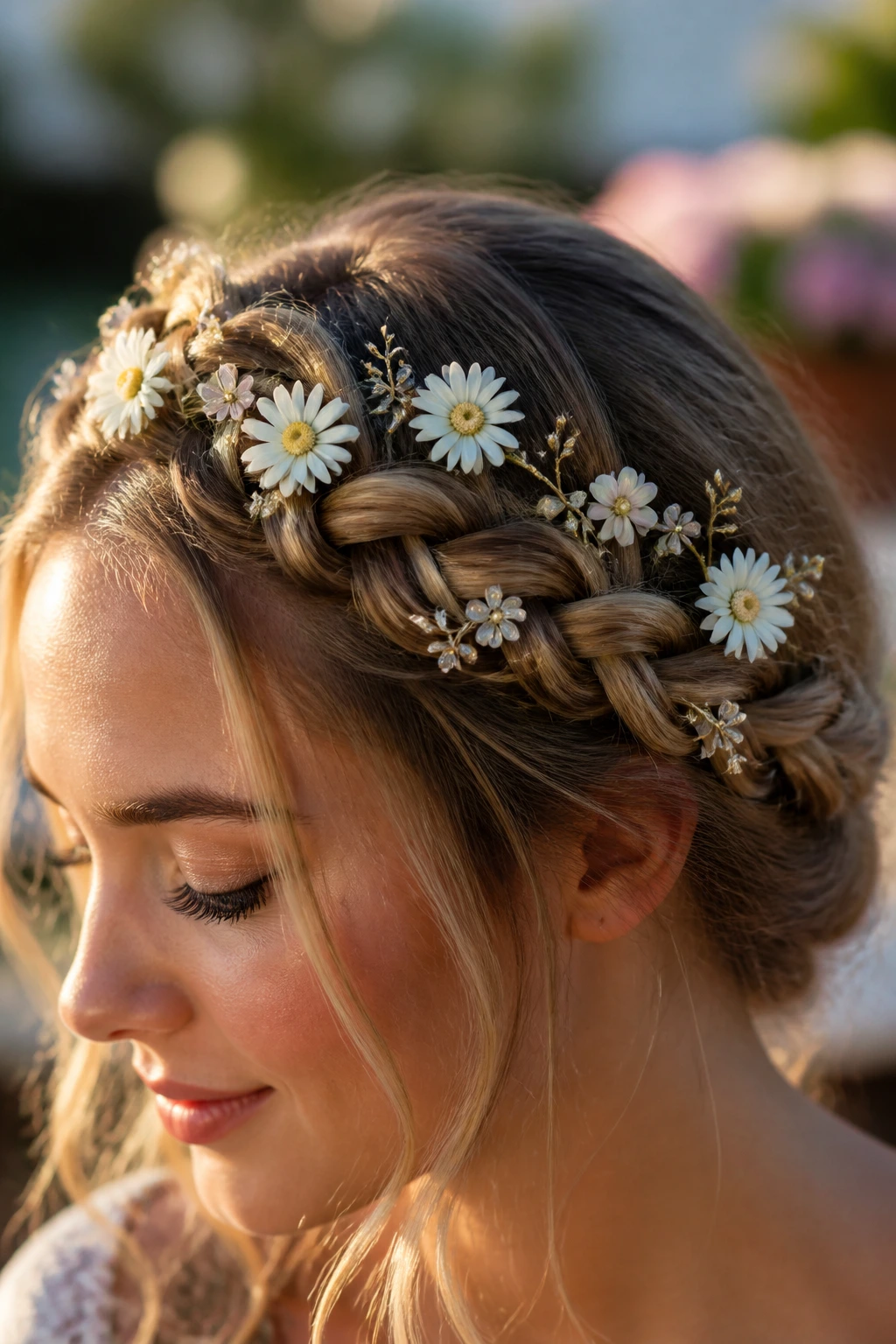 Close-up of a real person wearing an angelic floral crown braid with small flowers woven into the braid