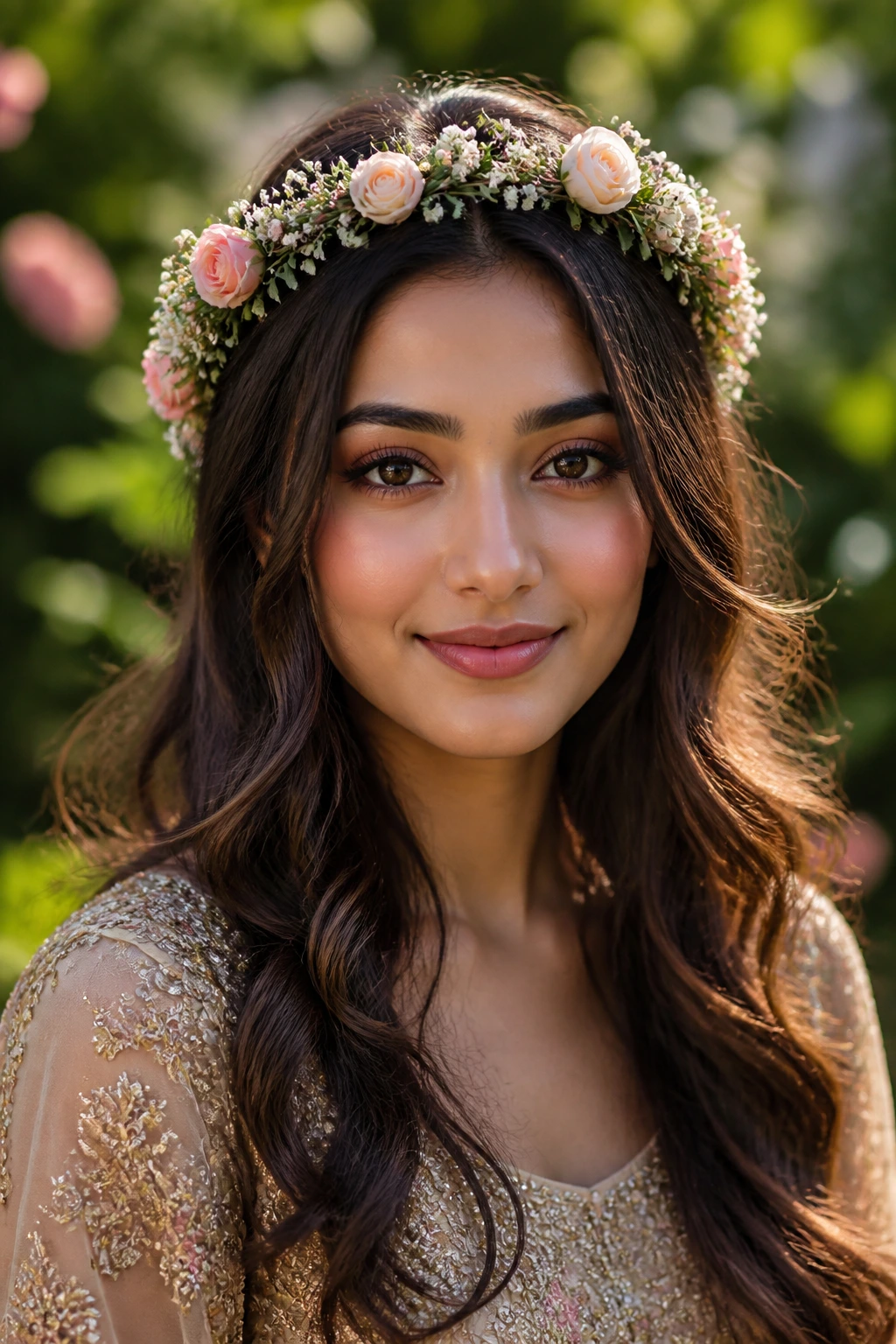 Close-up of a floral crown with loose waves in an outdoor garden