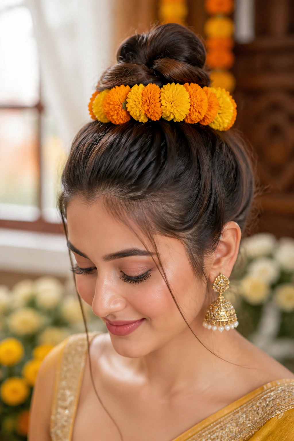 Close-up of top knot with floral wrap on a real woman