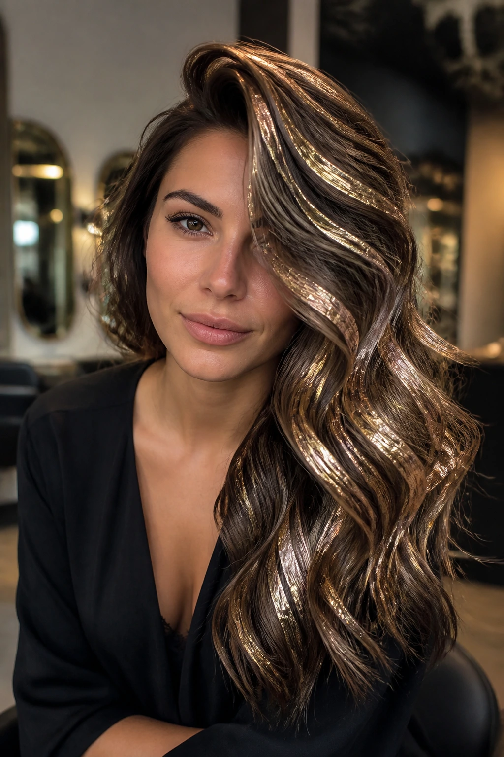 Close-up of thick wavy hair with foil-stamped side swept wave