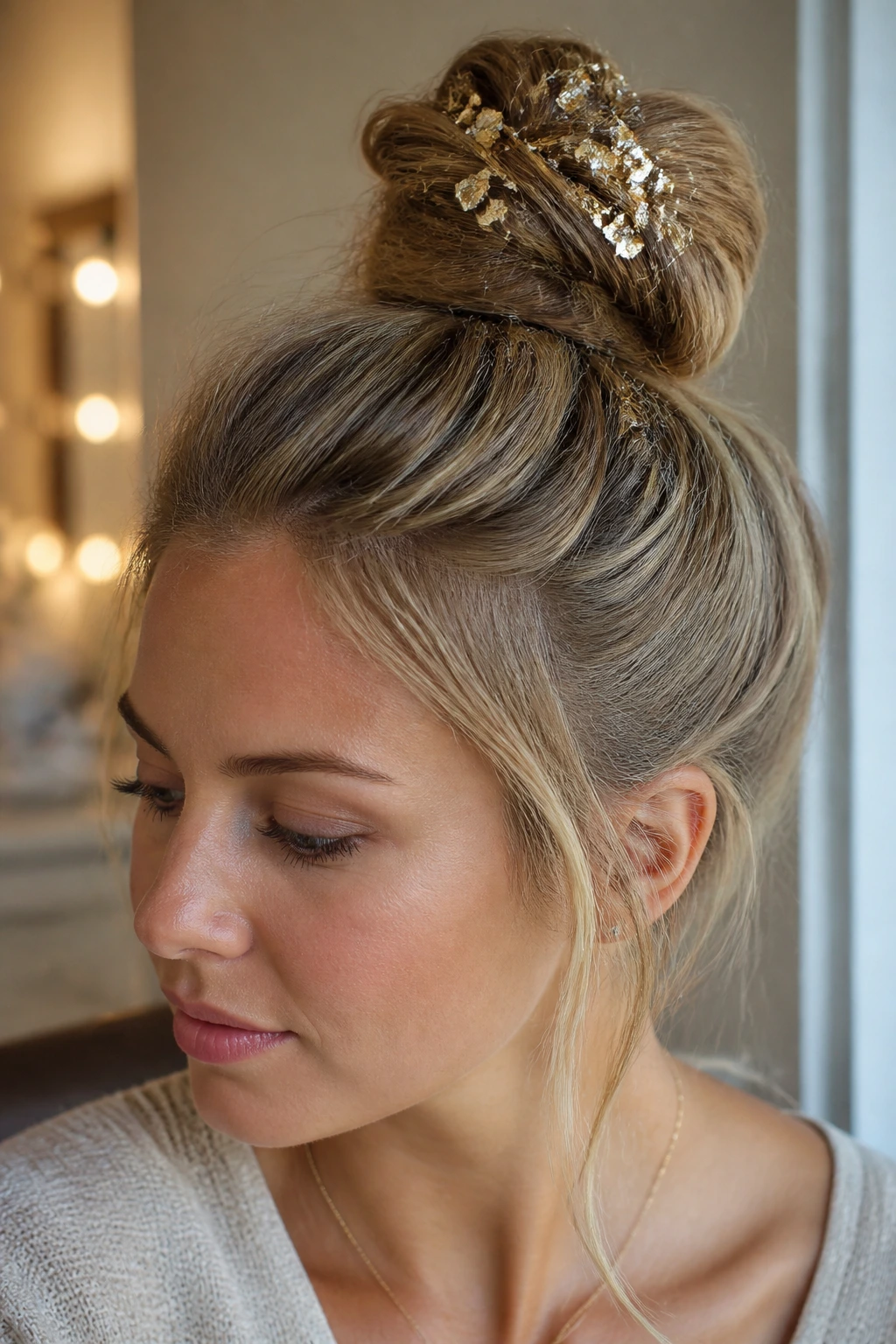 Close-up of a real woman with crushed gold foil on a top knot bun