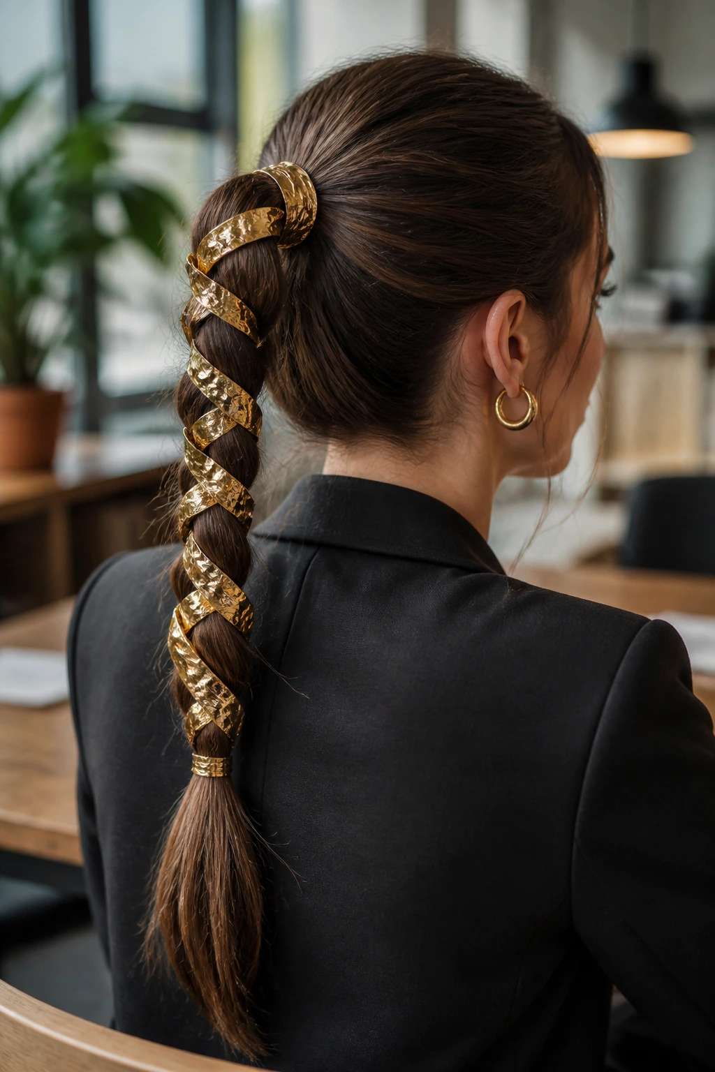 Back of head showing a braided ponytail wrapped with gold foil