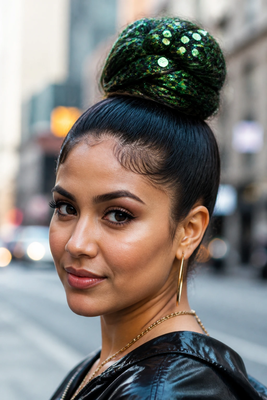 Latina with forest-green top knot sparkled with glitter