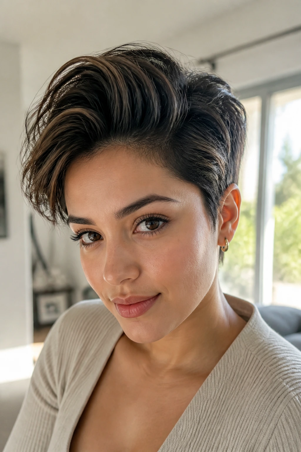 Close-up portrait of a real person with a forward-swept quiff