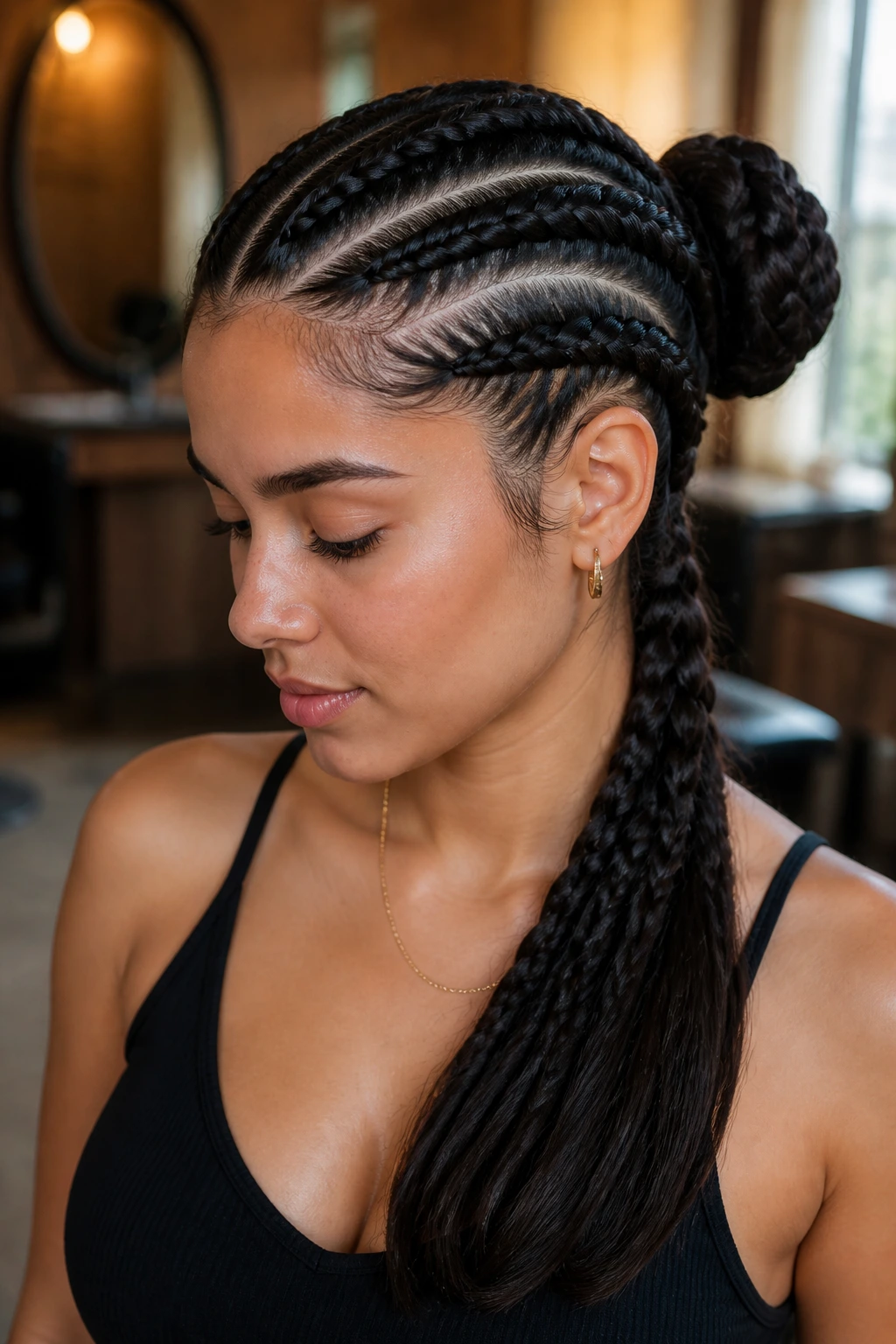 Close-up of a real Latina woman with four braids styled in variations: ponytail and bun, in a warm salon setting