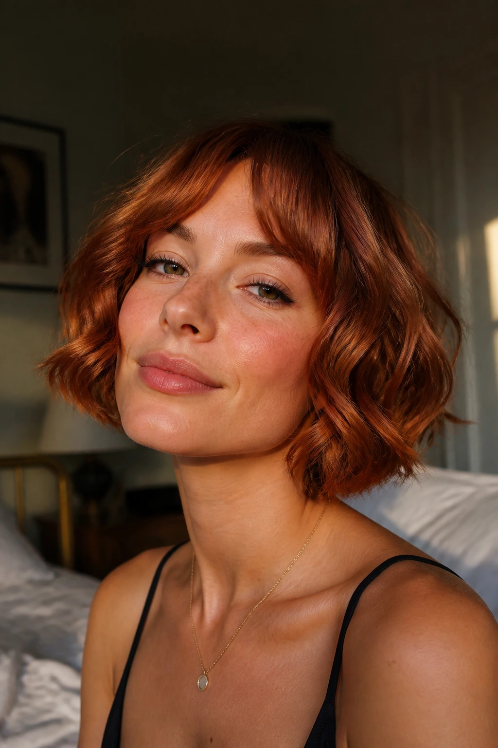 Close-up of a real woman with a wavy French bob in burnt copper