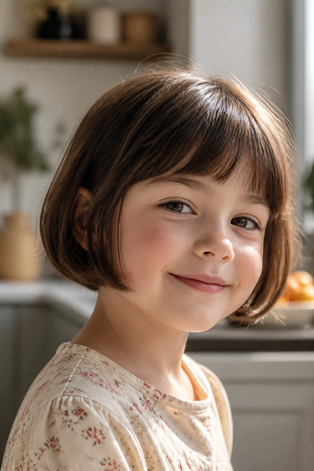 Portrait of a child in a short French bob with fringe