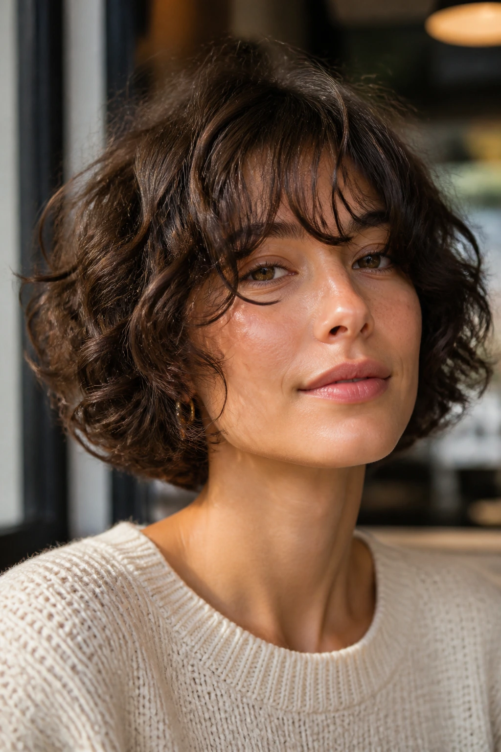 Close-up of a woman with a soft-layered French bob and wispy curtain bangs