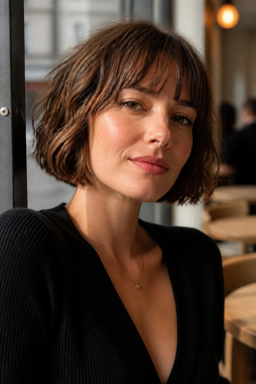 Portrait of a woman with a chin-length French bob and soft fringe in natural light.