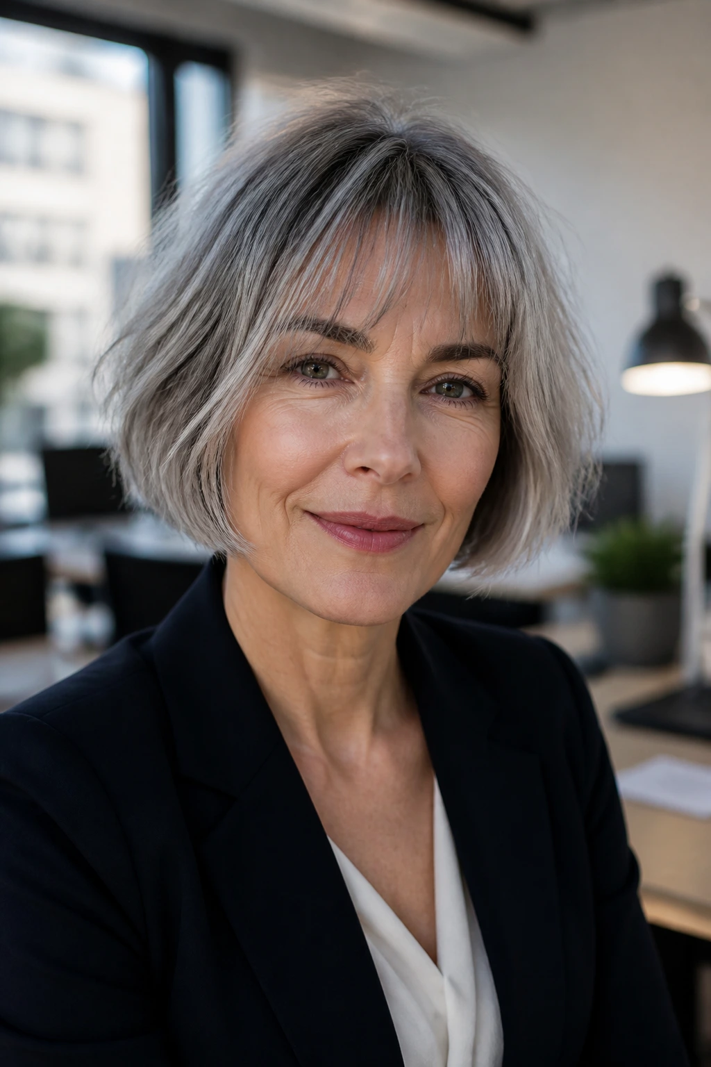Close-up portrait of a real woman with a French bob in an office setting