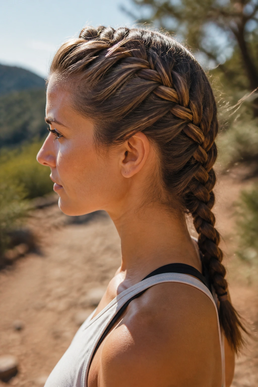Close-up of a woman with a classic French braid outdoors