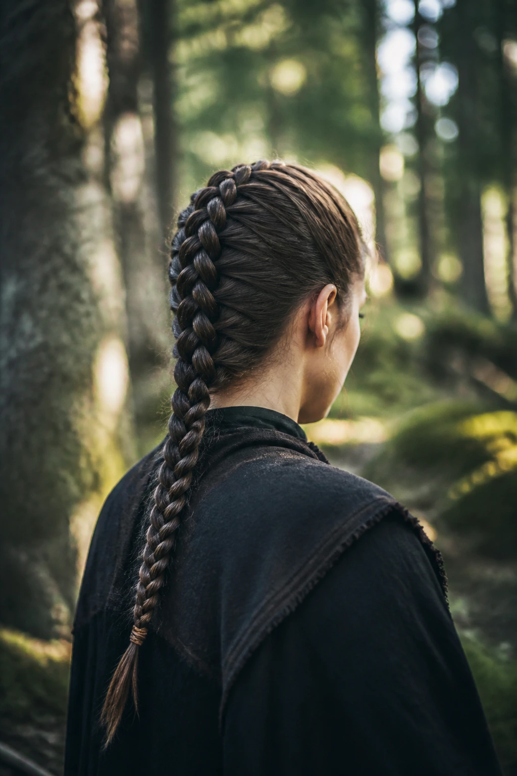 Back view of a real person with a long, tight French braid and leather cord at the end