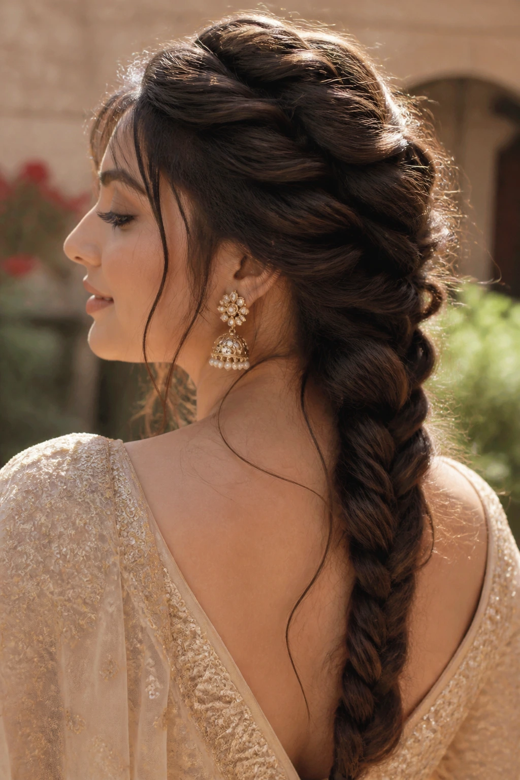 Real woman with a messy French braid and loose tendrils framing the face.