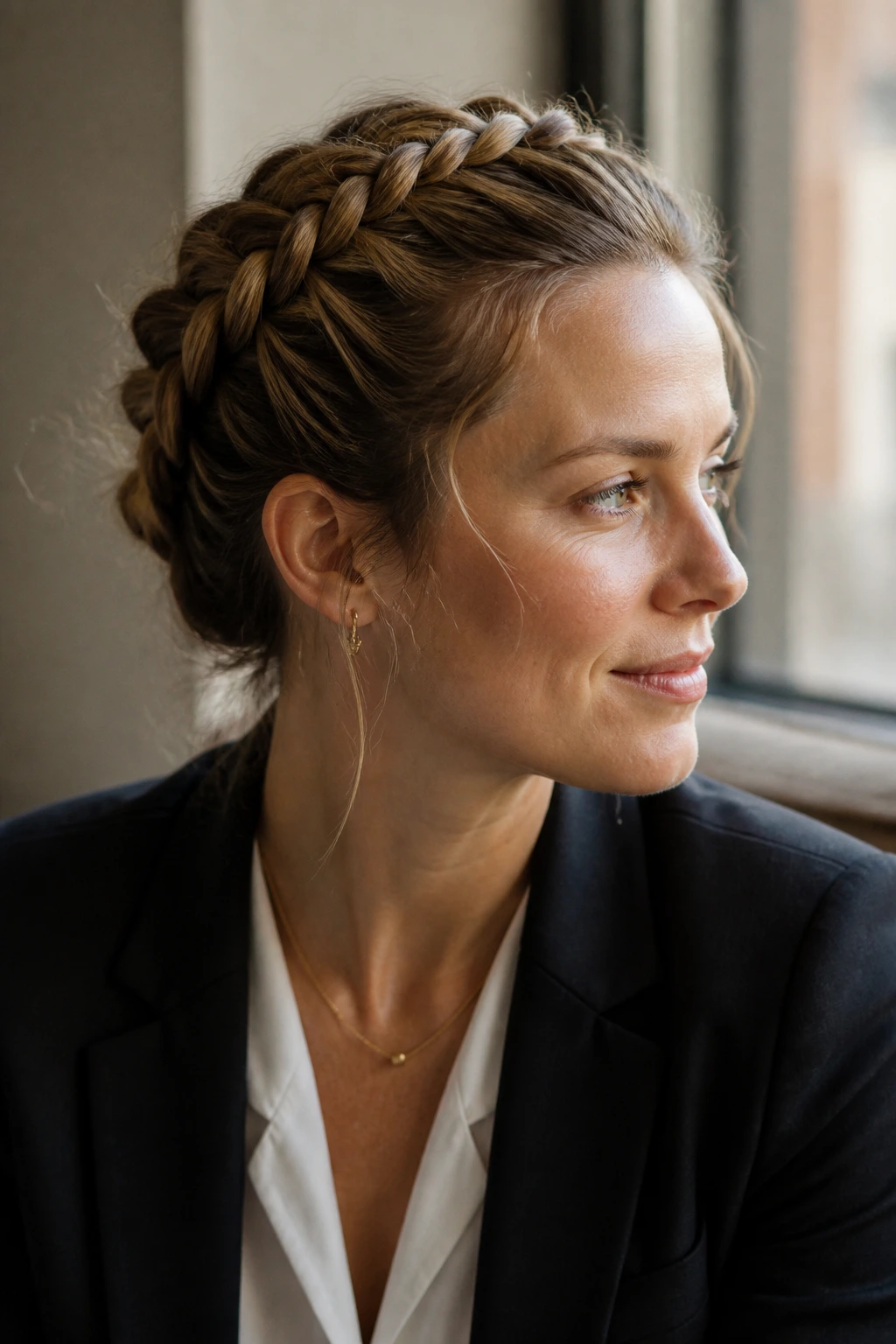 Close-up of real woman with a messy-yet-calculated French braid in an office setting