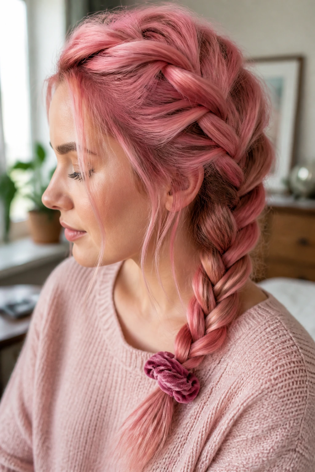Close-up of real person with loose French braid and velvet scrunchie in pink hair