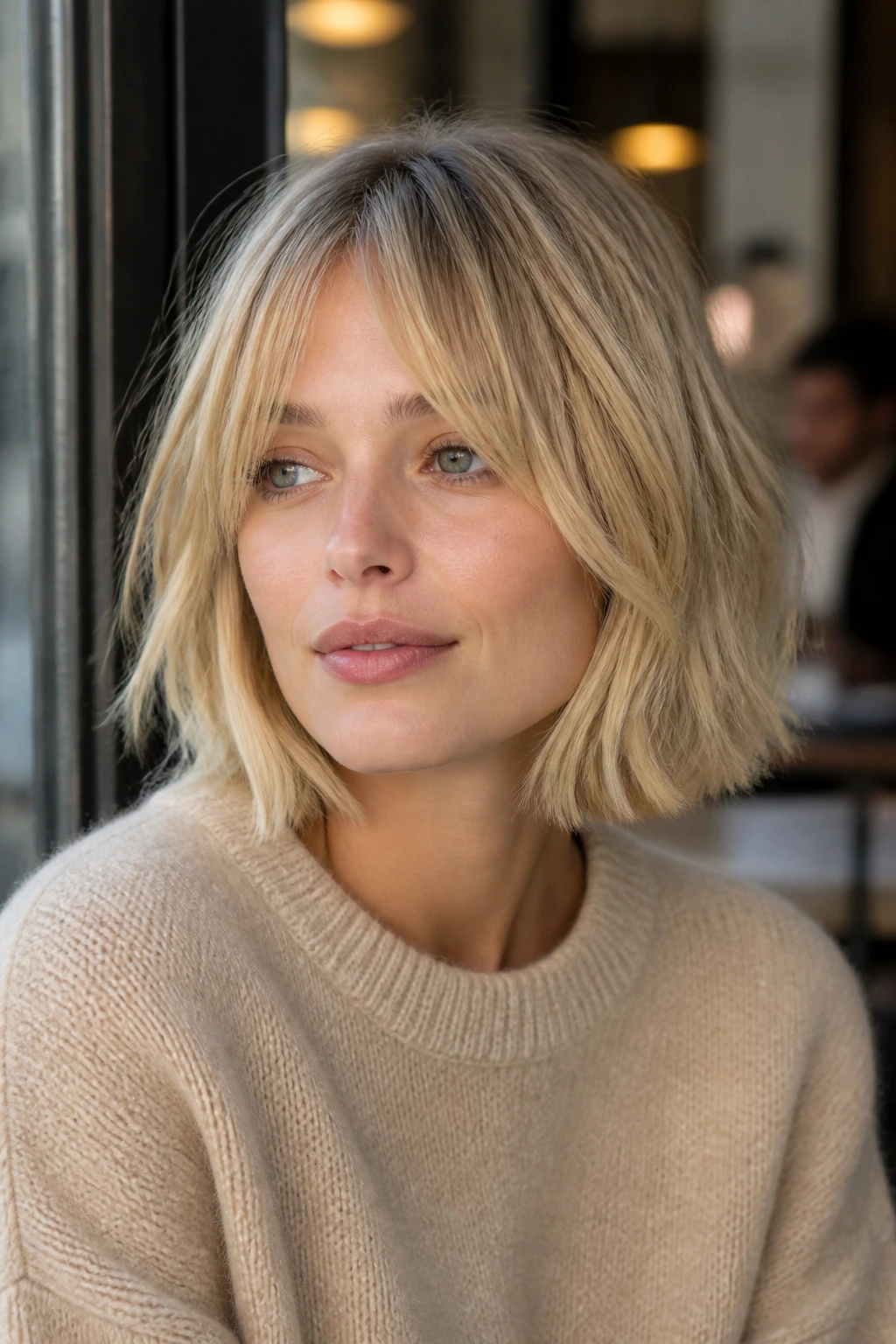 Portrait of a woman with a beige-blonde textured bob and curtain bangs in a Parisian-inspired setting.
