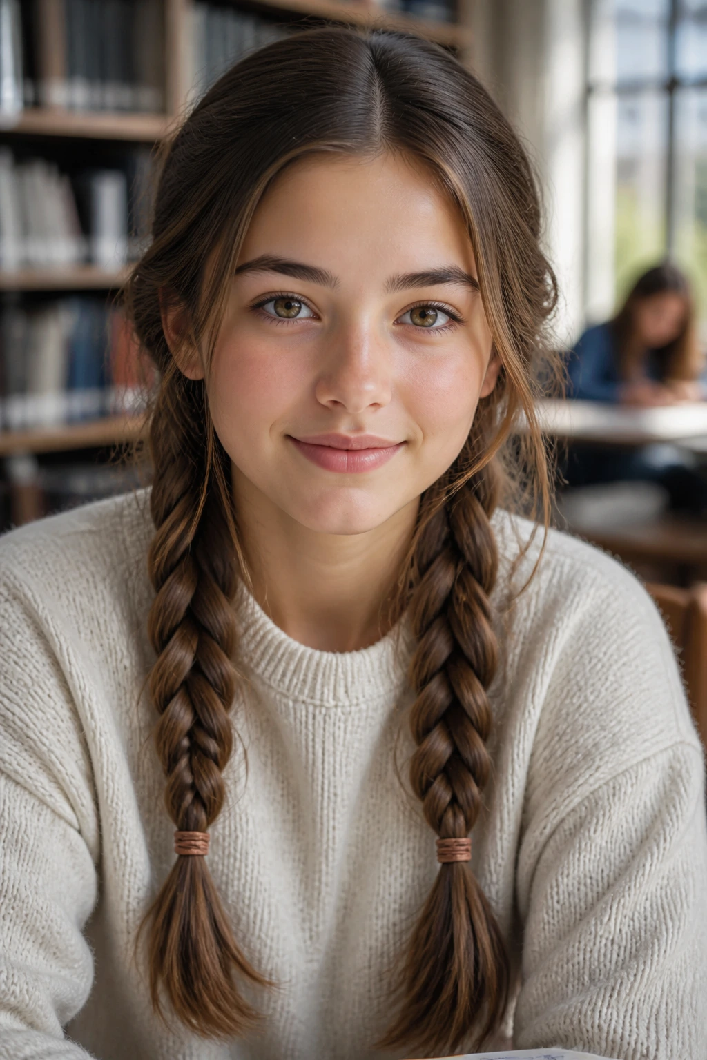 Close-up of real person with center-parted French-plaid pigtails framing the face