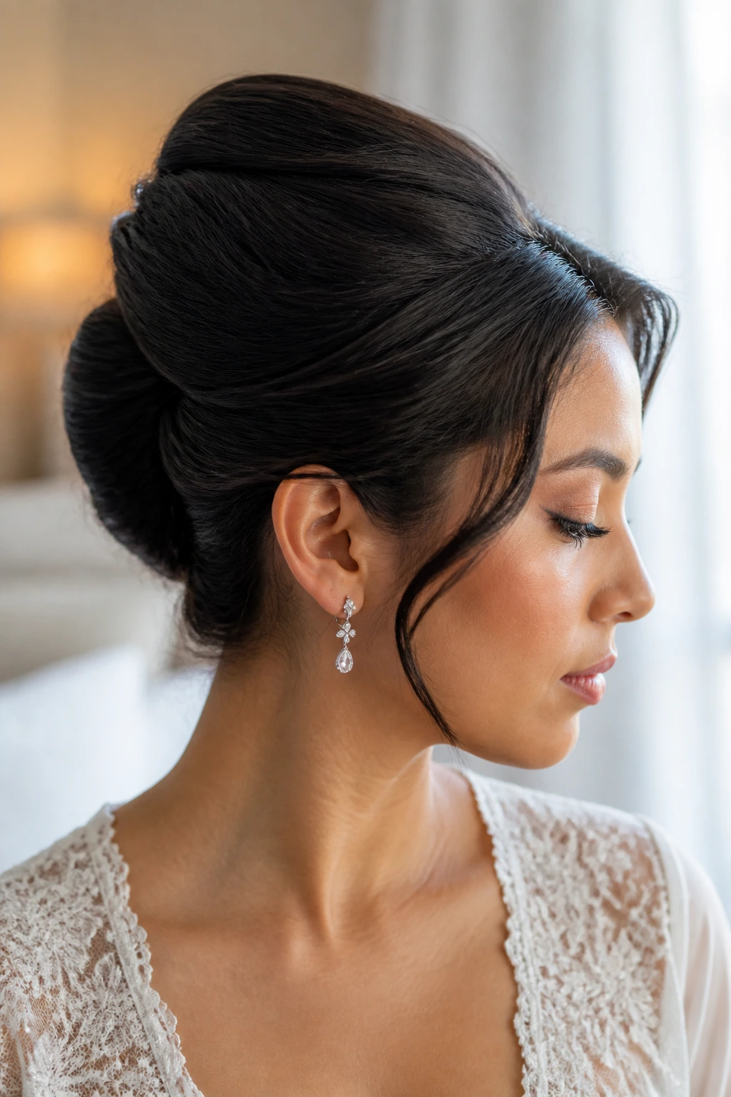 Close-up of a real Latina woman with a French twist hairstyle