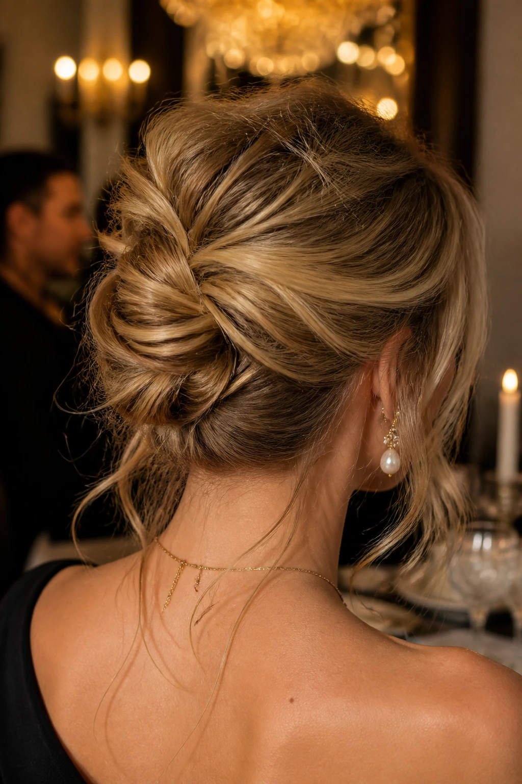 Back-of-head close-up of a real woman with a messy French twist in an intimate dining room