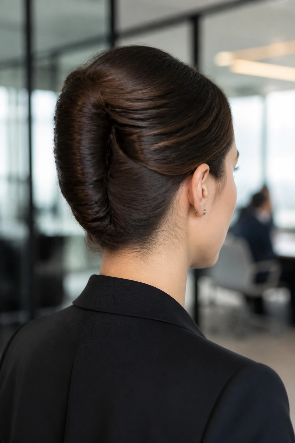 Close-up of a woman with a sleek French twist in an office setting
