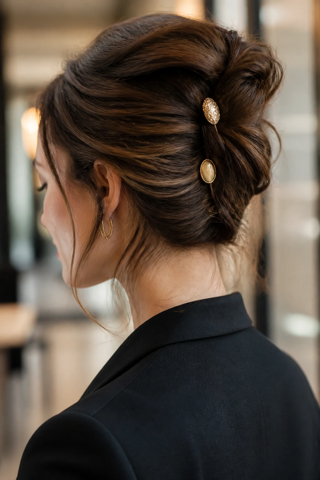 Close-up of a real woman wearing a loose French twist with asymmetry