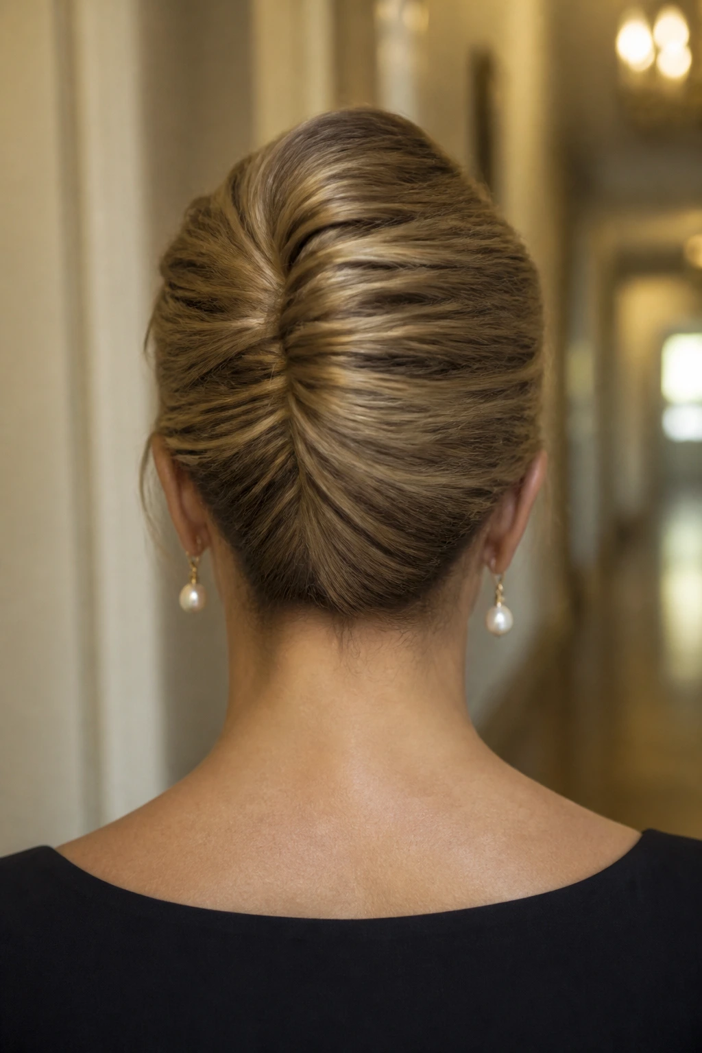 Rear view of a real woman with a French twist hairstyle