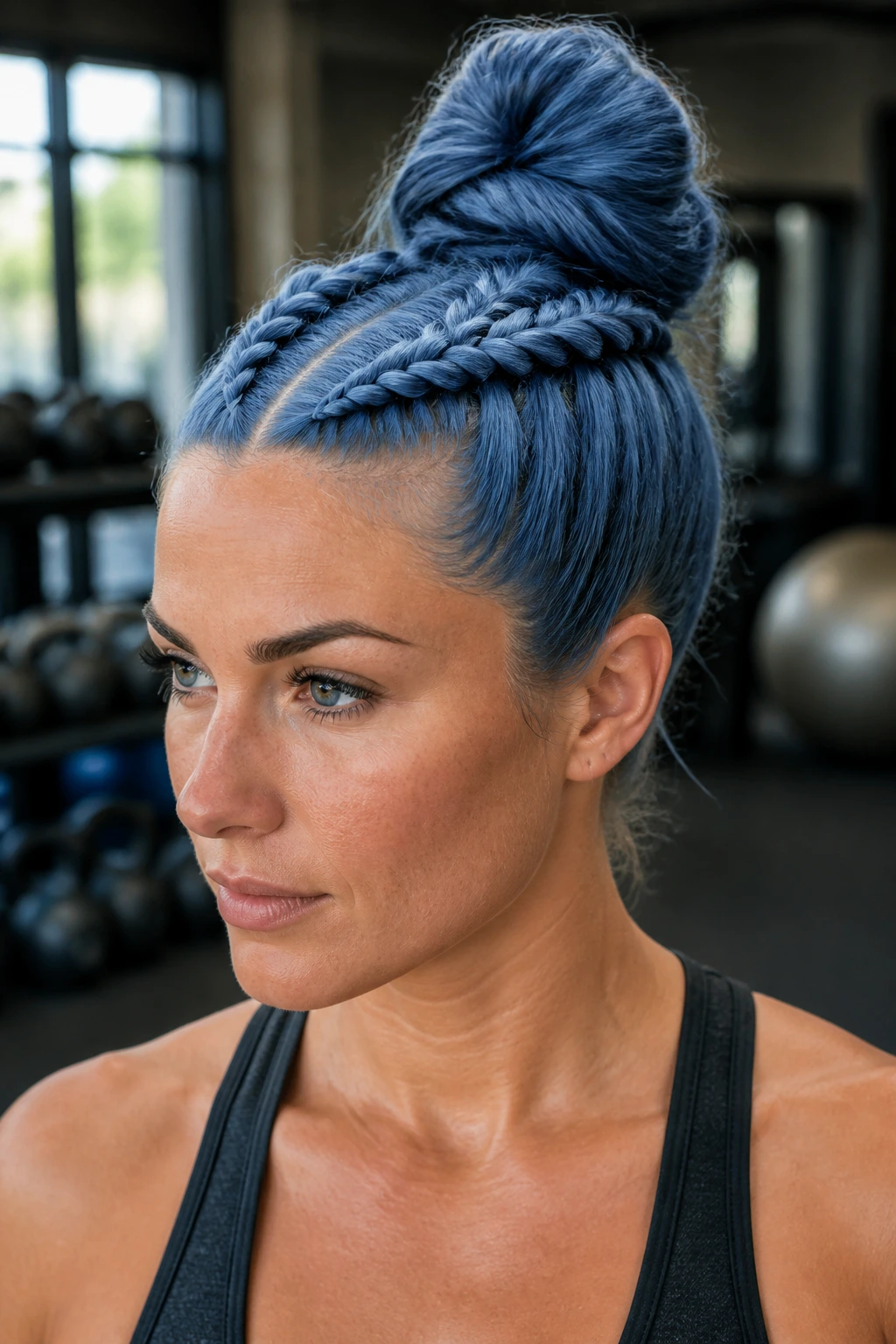 Close-up of a real woman with two Dutch braids turning into a high bun in French blue hair