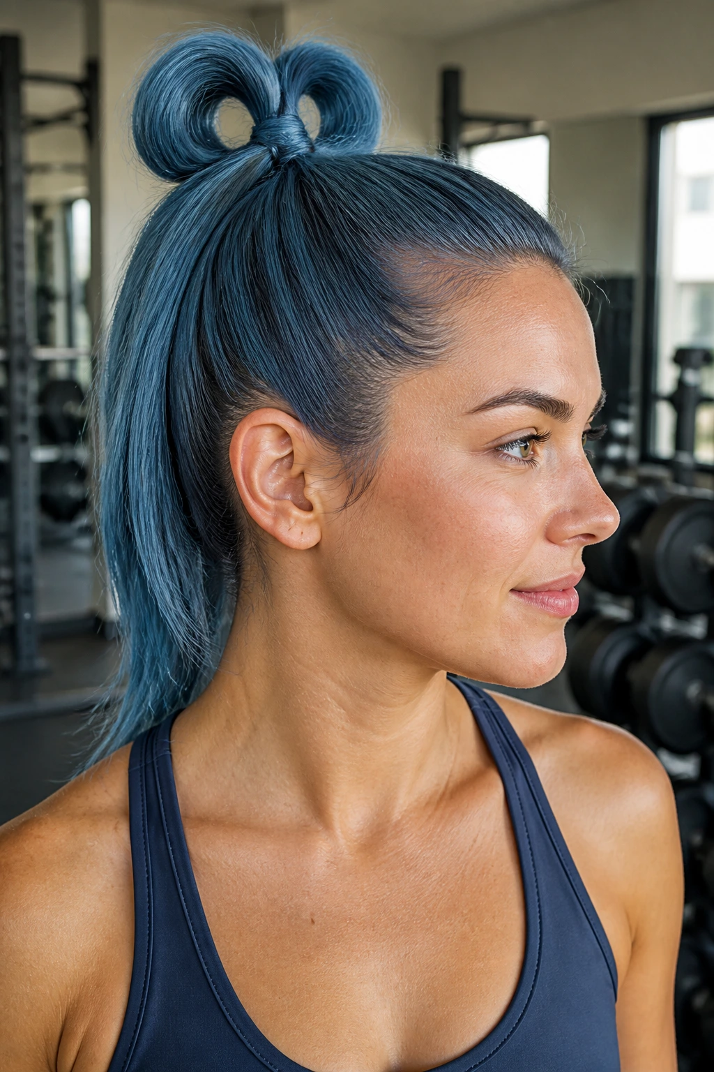Close-up of a real woman with a French blue double-loop high pony