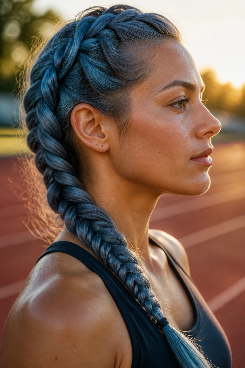 Profile of a real woman with a French blue fishtail braid on an outdoor track