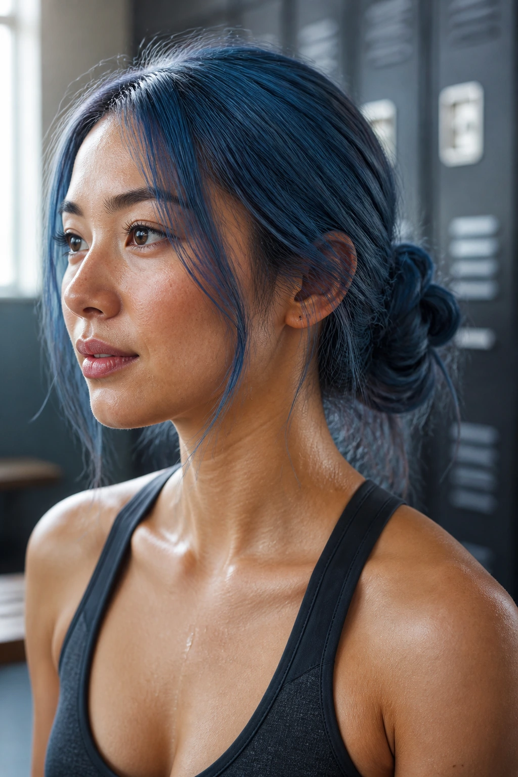Close-up portrait of a real woman with a French blue messy low knot in a gym setting