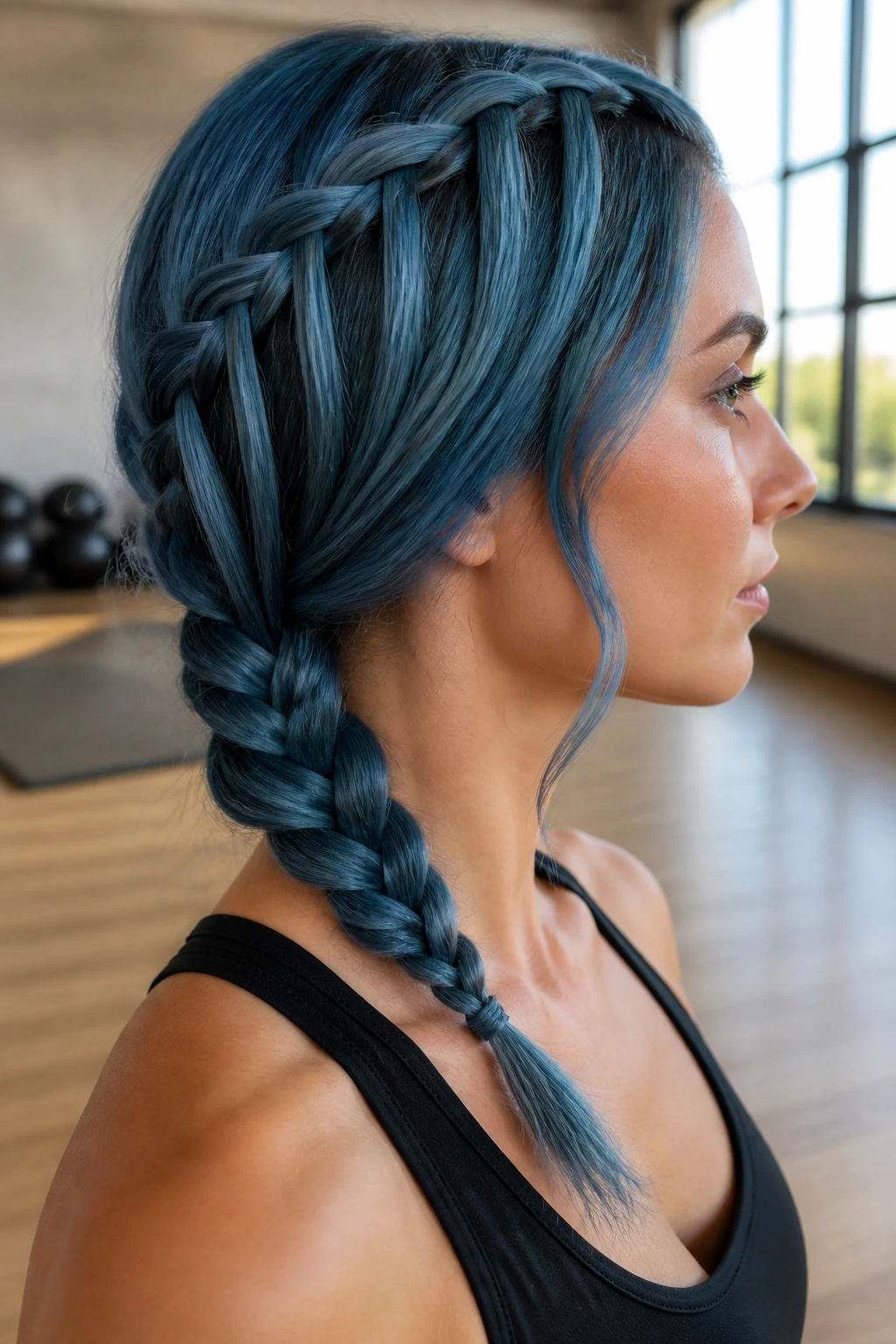 Profile of a real woman with a waterfall braid and a second braid at the nape in French blue