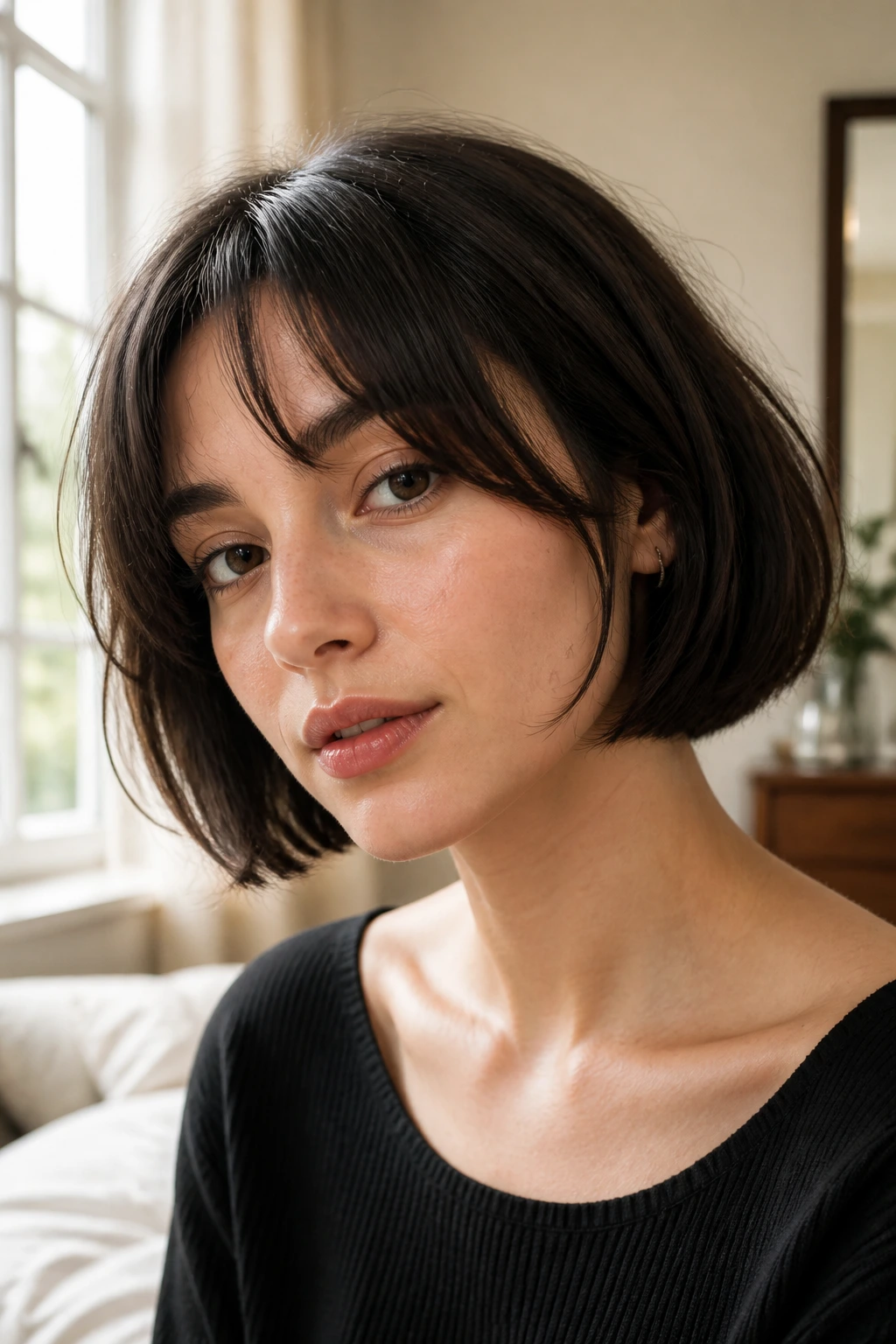 Close-up of a real woman with a French-girl bob and soft curtain wisps