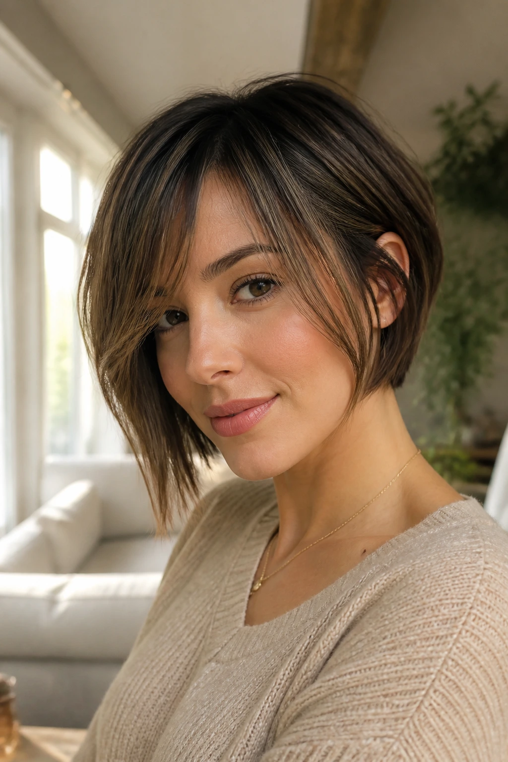Close-up portrait of a real woman with a soft face-framing fringe in an asymmetrical bob, warm window light.