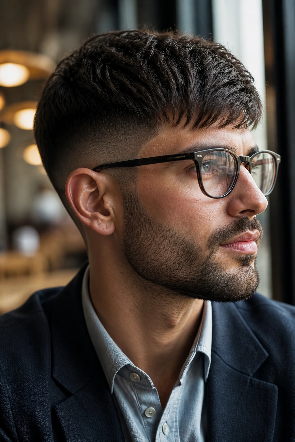 Close-up portrait of a man with fringe-forward fade hairstyle