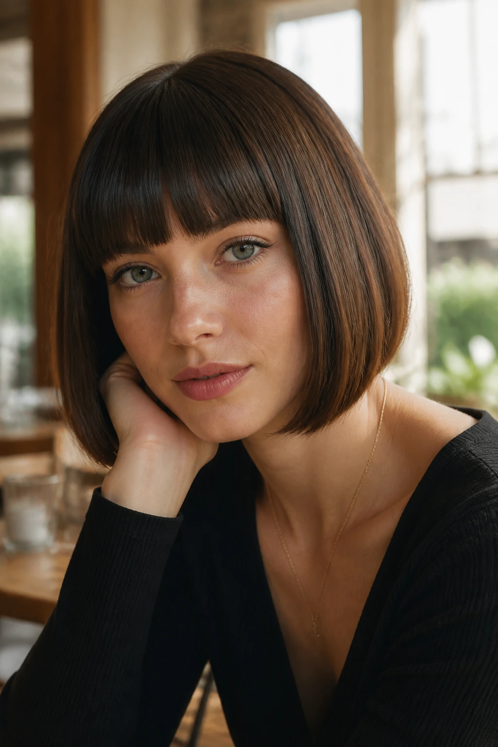 Portrait of a real woman with thick bangs and a chin-length A-line bob