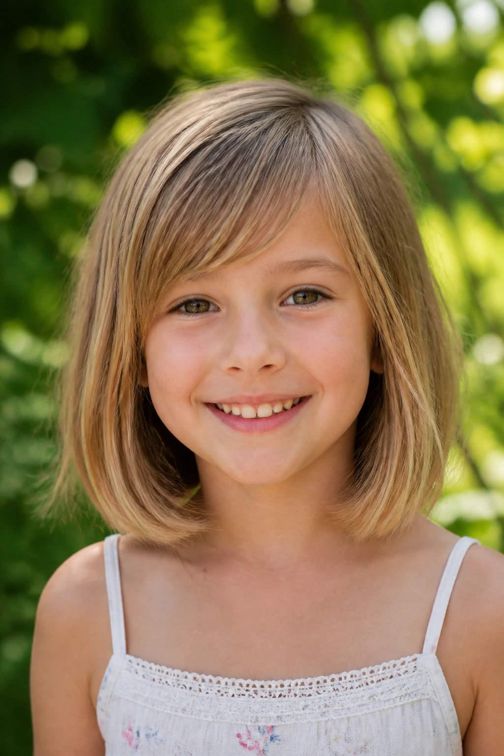 Child with fringed long bob hairstyle in outdoor light